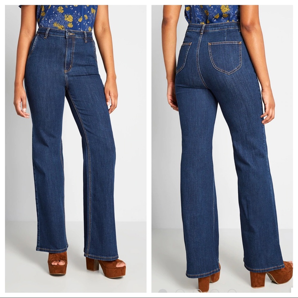 ModCloth The Grier Wide Leg Flare Trouser Jeans‎ Dark High Rise Women’s Sz 6 NEW